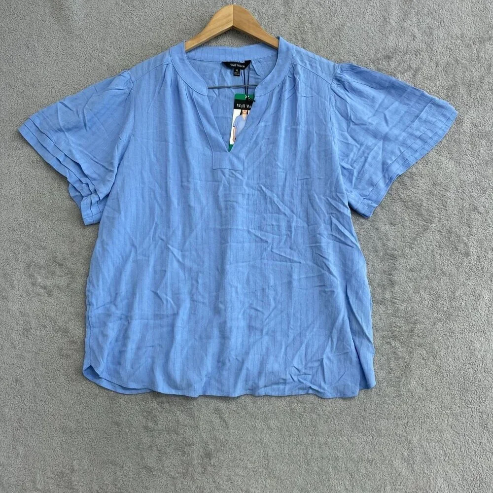 Well Worn Women's XL Blue V-Neck Short Sleeve Top 100% Viscose n1027